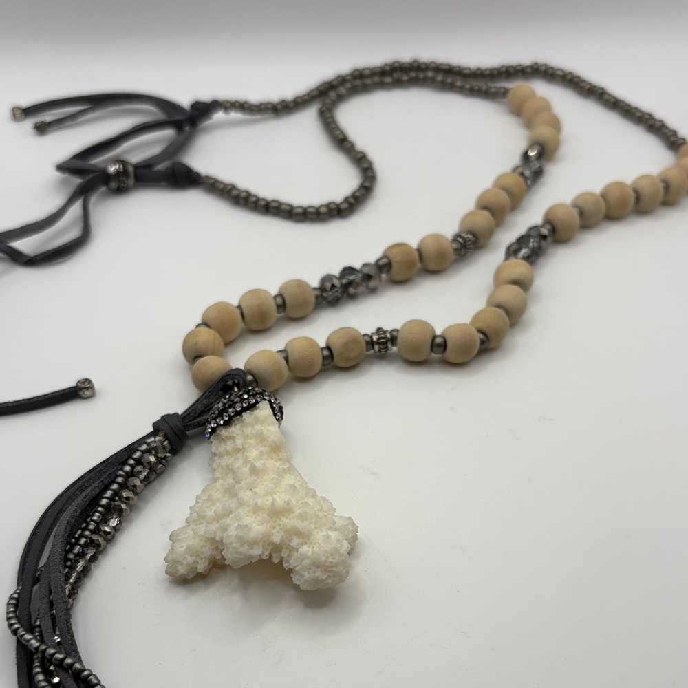 Beaded Sea Ocean Coral Branch Wooden Necklace Rhinestones & Pendant 34”